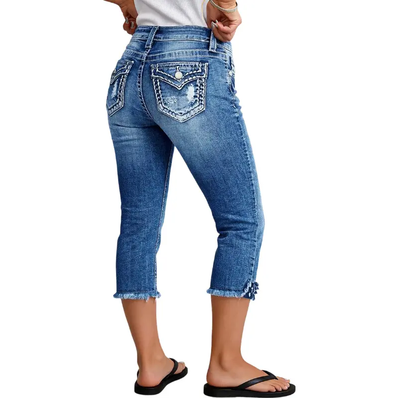 Flamingals Star Embroidery Ripped Flap Pocket Raw Hem Mid Rise Capri Skinny Jeans Womenswear Stretchy 20.1" Inseam Flamingals Star Embroidery Ripped Flap Pocket Raw Hem Mid Rise Capri Skinny Jeans Womenswear Stretchy 20.1" Inseam