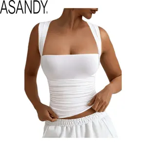 ASANDYWomen Collared Fitted Tank Top White Fashion Stretch Fabric Casual Yoga Workout Vacation Tops All Seasons Summer