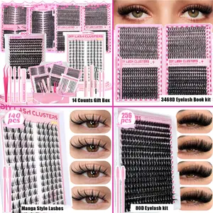 DIY Eyelash Extension Set with Clusters, Mixed-Style Natural Anime Manga Lashes, D-Curl 9–16 mm, Includes Application Tools, Glue and Tweezers