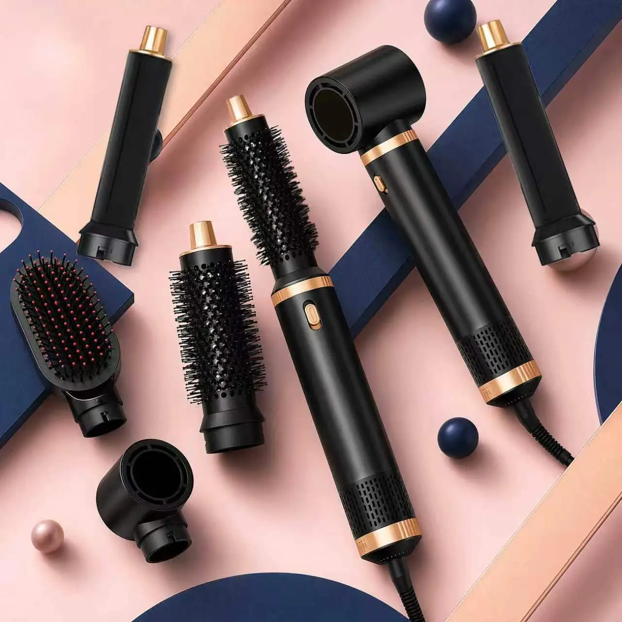 5-in-1 Hot Air Brush Set, Heated Blowout Dryer for Drying, Straightening, and Curling - Black Wavy Thermal Styling Tool, Wavy Thermal Brush, Heat Brush