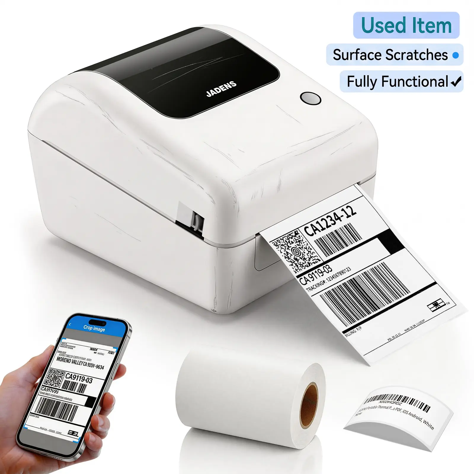 【Used】JADENS 168BT Wireless High-Speed Thermal Shipping Label Printer - Thermal Inkless Office Device, Classic White US-Type for Small Businesses & Package Label Printing