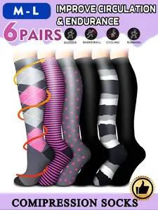 6 pairs of men's and women's compression socks wide calf men's and women's booster socks Athletic Sock for circulation, running, nurses, pregnant women Support for blood circulation Various colour patterns available