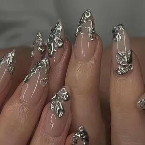 Silver Edge Colorblock Almond Fake Nail, 24pcs Press on Nails for Women & Girls DIY Nail Art Design, Elegant Stick on Nails Kit, Nail Set