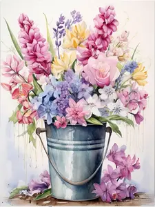 Colorful Flowers in Bucket 5D Diamond Art Kits for Beginner DIY Full Drill Diamond Dots Crystal Craft Kits for Home Wall Decor Gifts