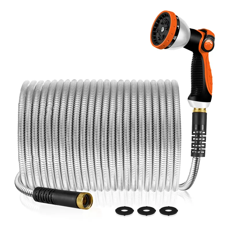 YOFIDRA Stainless Steel Portable Kink Resistant Hose - 50/100ft Abrasion-Resistant Collapsible Water Pipe, Adjustable Nozzle, 10-Function Thumb Lever, Durable Connectors, 150psi for Home Tricky Surfaces Use