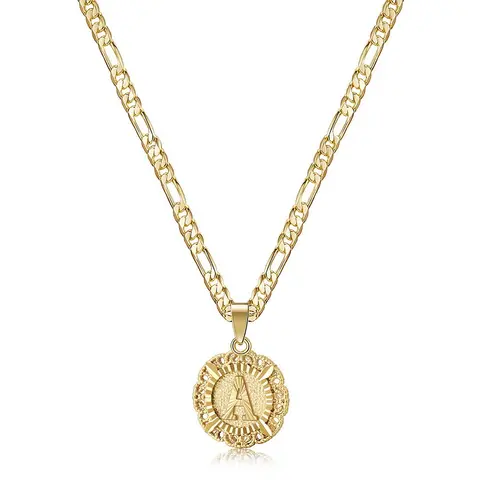 Kissyan 14K Gold Initial Round Coin Pendant Necklace - Figaro 50cm Waterproof Stainless Steel Chain, 1.8x1.8cm Exquisite Trendy Fashion Pendant, Casual Women's Non Tarnish Jewelry, Valentine's Gift