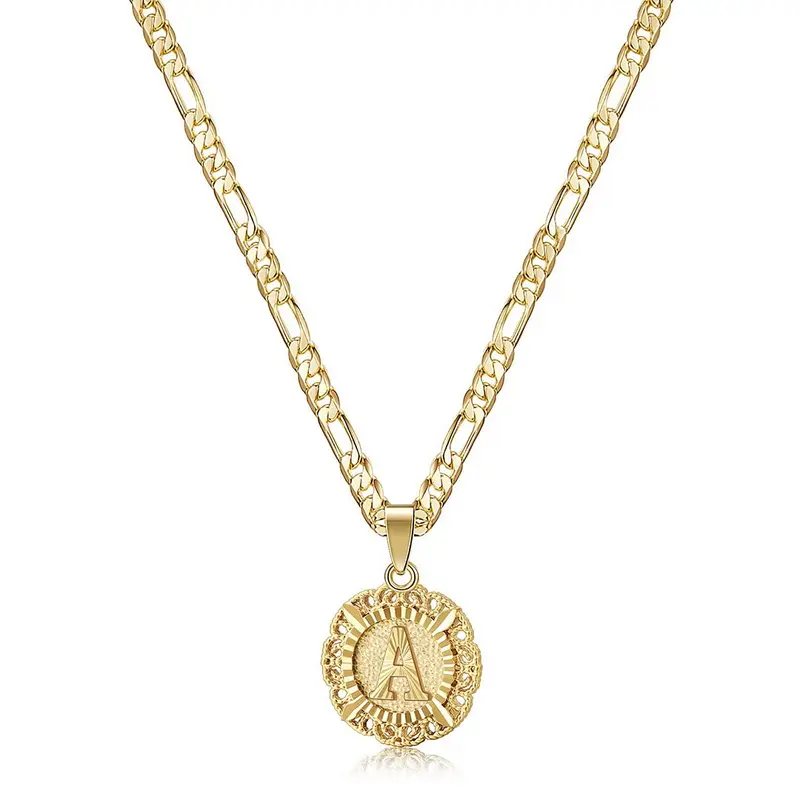 Kissyan 14K Gold Initial Round Coin Pendant Necklace - Figaro 50cm Waterproof Stainless Steel Chain, 1.8x1.8cm Exquisite Trendy Fashion Pendant, Casual Women's Non Tarnish Jewelry, Valentine's Gift