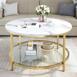 2 Tier Round Coffee Table Faux Marble Top With Glass Shelf Modern Center Cocktail Table For Living Room