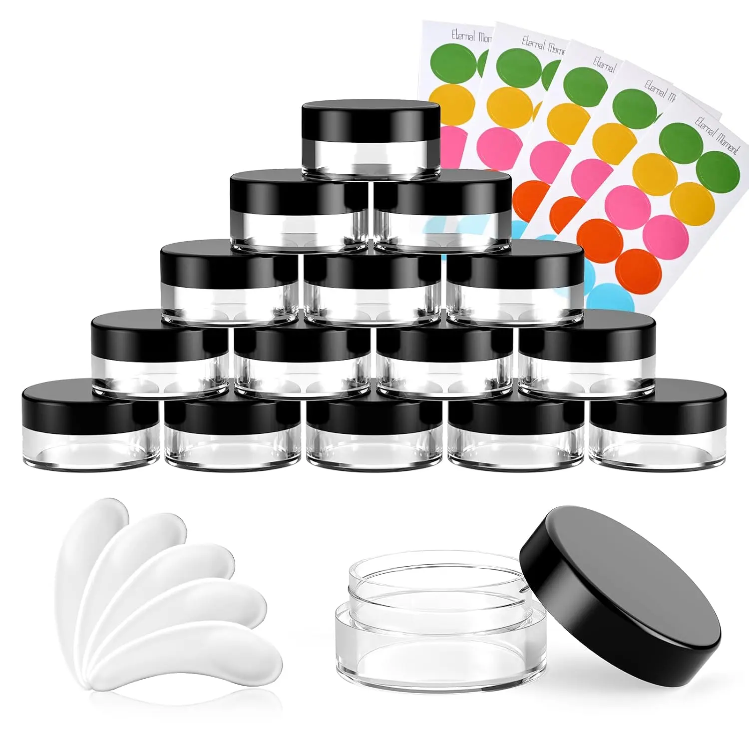 50 Pack 4 oz Round Plastic Jars with Black Lids - Home Organizer Canister Bottles for Cosmetics, Slime Storage, Travel Samples (Eternal Moment)