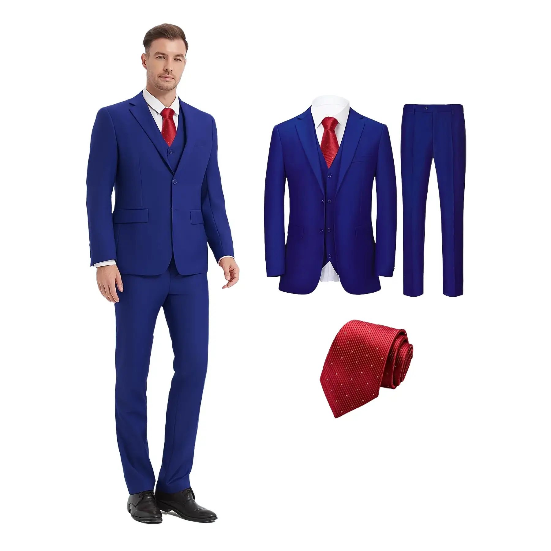 Men's 4-Piece Plain Formal Workwear Suit Set - Longsleeve Lapel Collar Attire with Vest, Pants, Tie, Polyester, Classical Look, Fitted Cut, Button Front for Business, Job Interviews