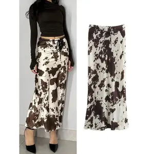 Animal Print Satin Skirt Women Fashion Ruffles Midi Skirts With Belt Casual Women's Skirt 2025 High Street Elegant Long Skirts