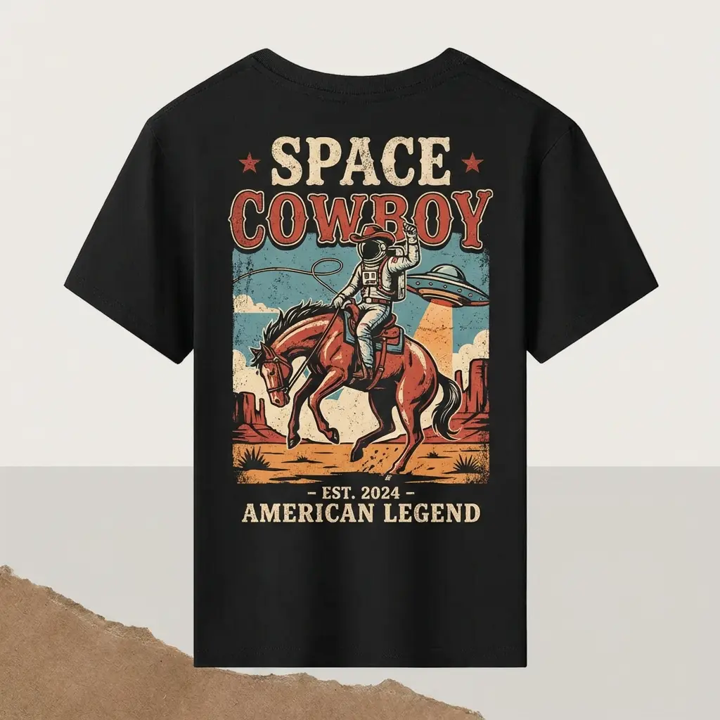 Men's Casual Classic Cotton Short-Sleeve Crew Neck T-Shirt - Unisex Cut, Loose Fit Garment, 2024 Space Cowboy Vintage Graphic Top with Astronaut/Horse/UFO Prints, Western Desert American Legend Streetwear Sports Top (Cold Wash Compatible), Tshirt, Round N