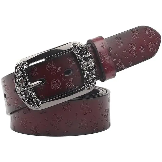 Womens Classic  Engraved Leather-Belt for Jeans Pants Hollow Floral -Belts with Large Buckle