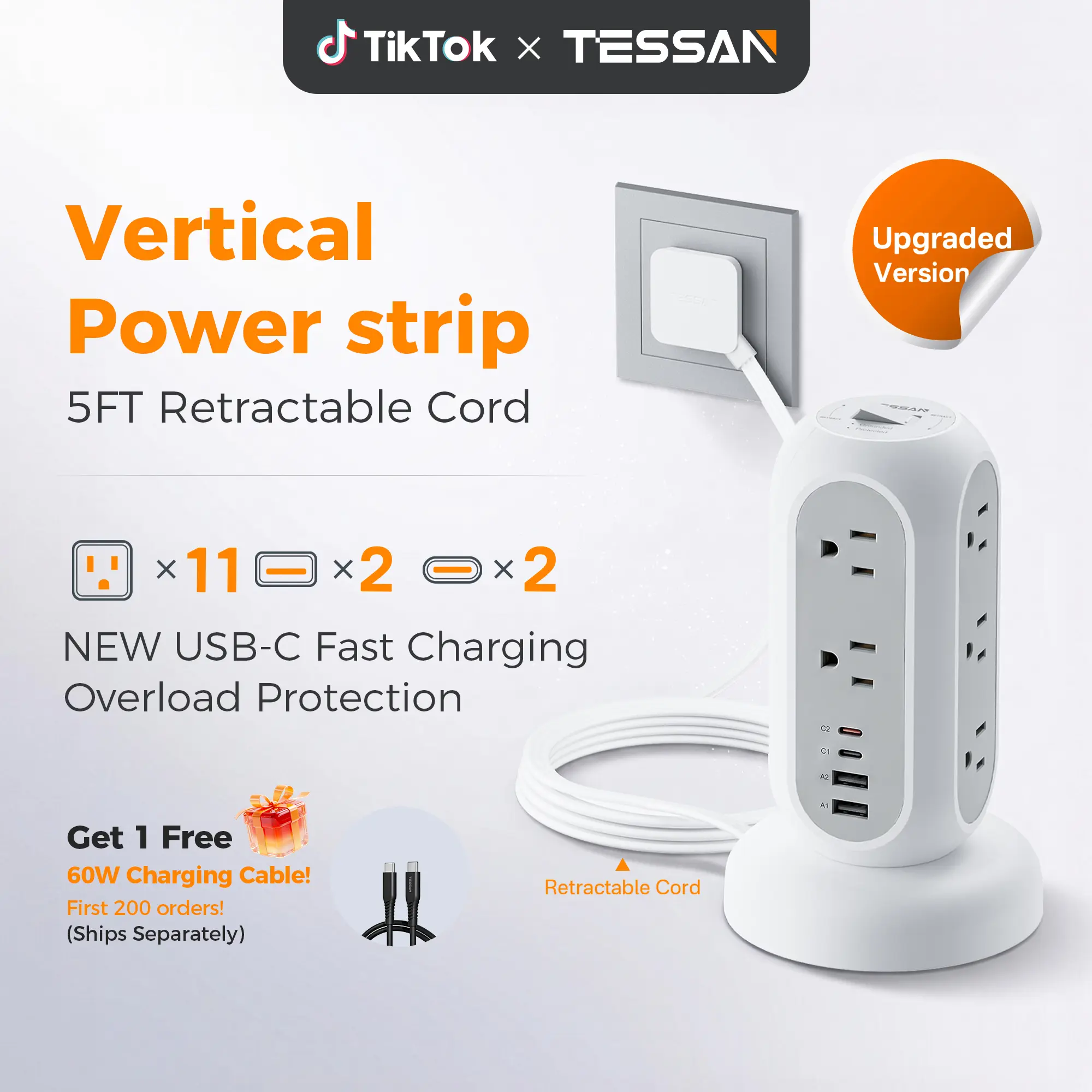 Tessan retractable extension cord power strip,1625W Surge Protector , Cord Management,Home, Office ,Dorm,Kitchen Essentials,11 Outlets & 3 USB Ports