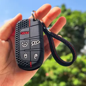Premium Protective Key Cover Silicone Car Key Case Car Key Protector with keycahin for JEEP Cherokee, Grand Cherokee, for DODGE Hellcat, Challenger, Journey, Charger, Jcuv, for CHRYSLER 300C with 5-Button Key Shell Fob Holder