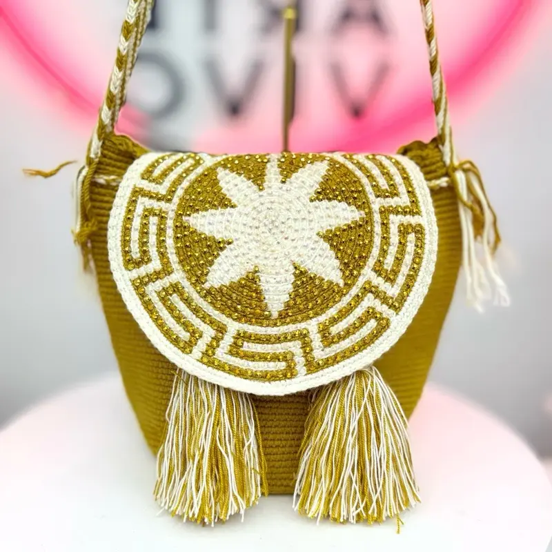 Small Handmade Wayuu Crystal Flap Bag | Rhinestone Crochet Crossbody Purse | Artisan Boho Shoulder Bag