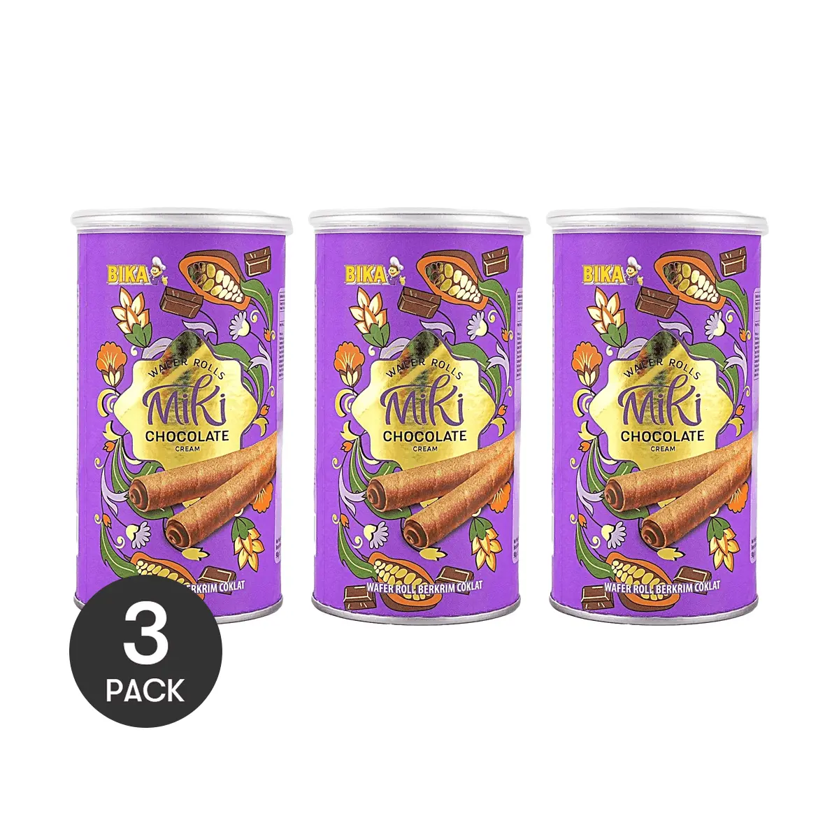 3 Pack BIKA Malaysian Chocolate Cream Wafer Rolls 3.17 oz Each - Rich Cocoa Crispy Snack