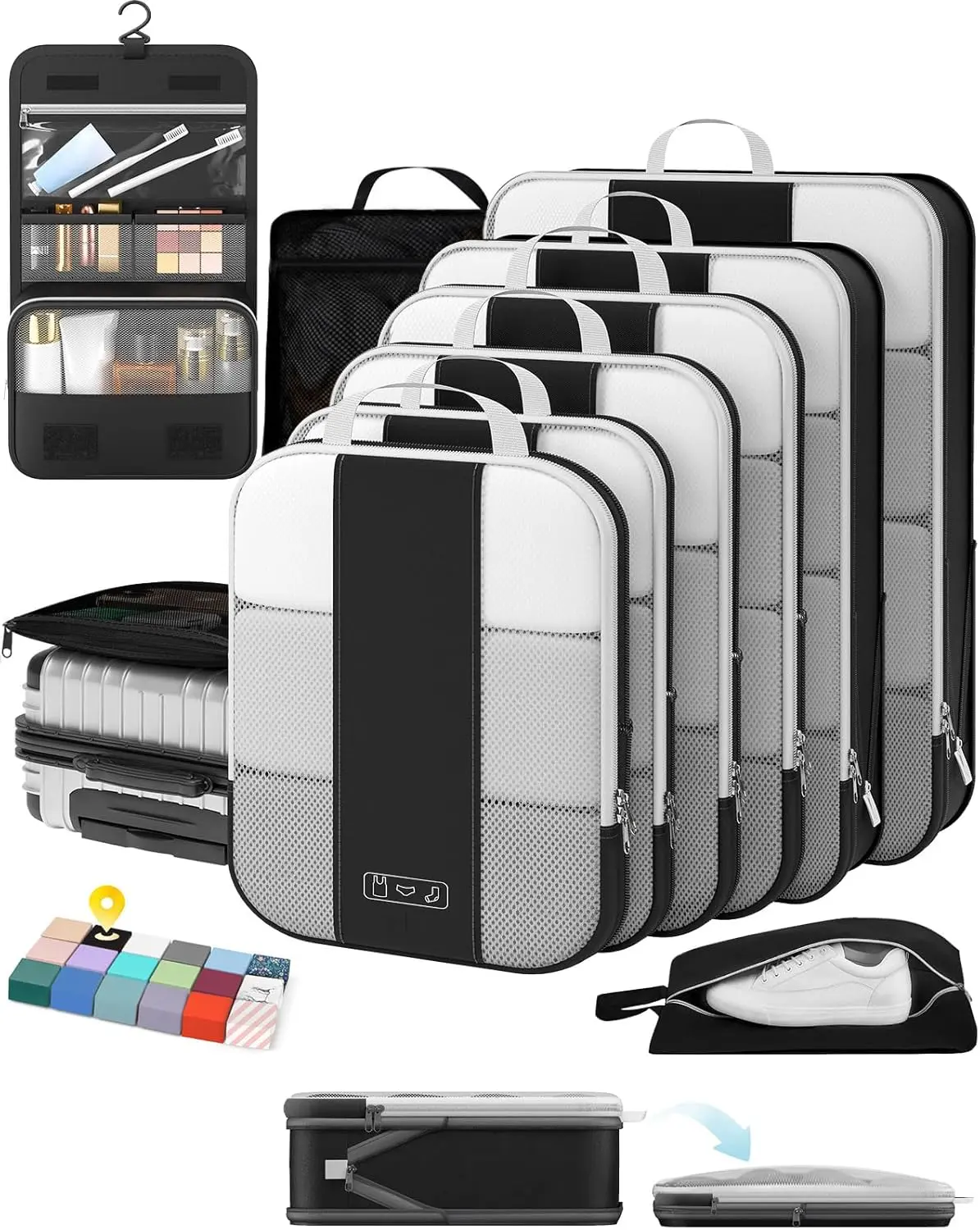 10-Piece Polyester Zippered Compression Packing Cubes Set - Expandable Luggage Organizers for Travel, Black, Zipper