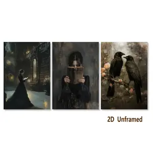 3-piece set, Gothic-style wall art for Halloween, dark academic-style library artwork, Victorian-era literary theme featuring a woman reading a vintage book, a pair of crows in a dark forest, suitable for bathroom and living room decor, frameless