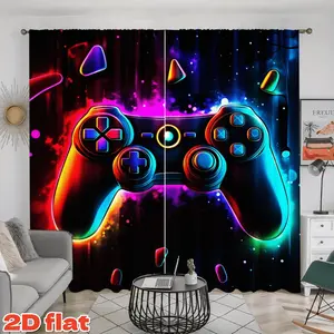 2D Flat 2Pcs Game Controller Printed Curtain Panel, Neon Glow Design, Ice & Fire Elements, Rod Pocket Style, Semi-Sunshade Privacy Drape for Living Room, Bedroom, Balcony, Kitchen, Study, Gaming, Window Decor, Modern Home Aesthetic, Gift.