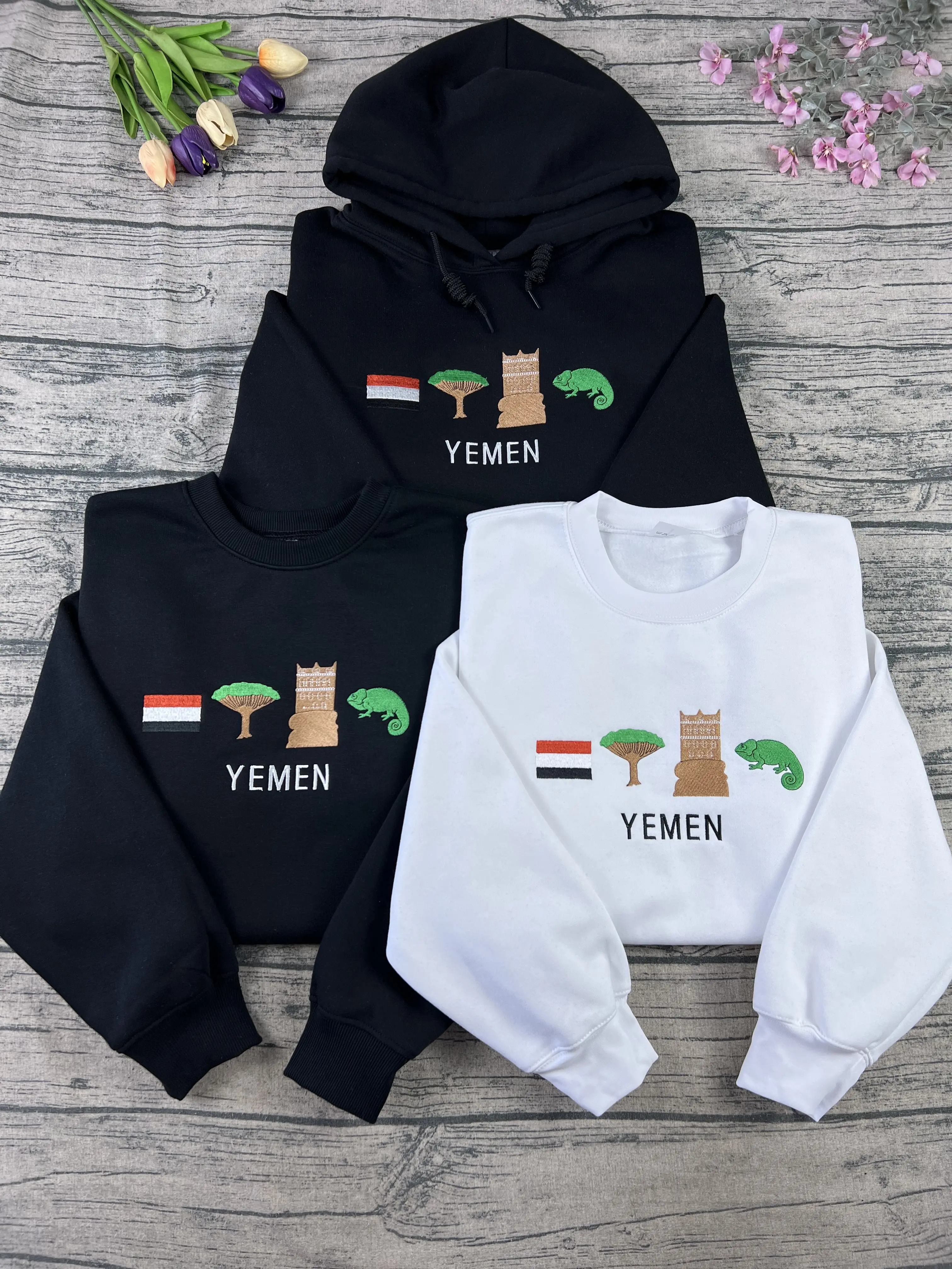 Yemen Machine Embroidered Swetshirt, Yemen country Embroidery , Yemen Flag Embroidery , Yemen tree chameleon