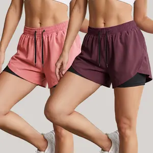 2-pack women’s summer double-layer athletic shorts featuring a double-layer anti-exposure design that eliminates wardrobe concerns, distinguishing them from ordinary single-layer sports shorts. Utilizes lightweight, quick-drying, breathable fabric that ab