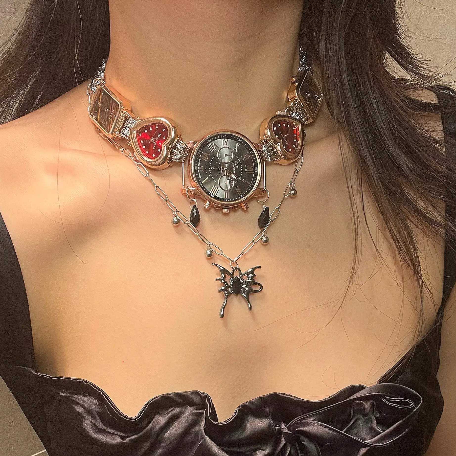 Handmade Vintage round heart watch necklace with butterfly pendant choker in Y2K cyberpunk style perfect for edgy girls to elevate any outfit. This statement accessory blends retro charm with futuristic vibes, ideal for TikTok fashion looks and street