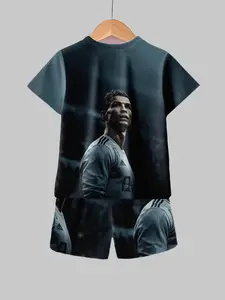 Summer Boys' C Ronaldo Juventus Set, Cold Tone Firm Side Face Print Short Sleeve Shorts, Comfortable Breathable Sporty