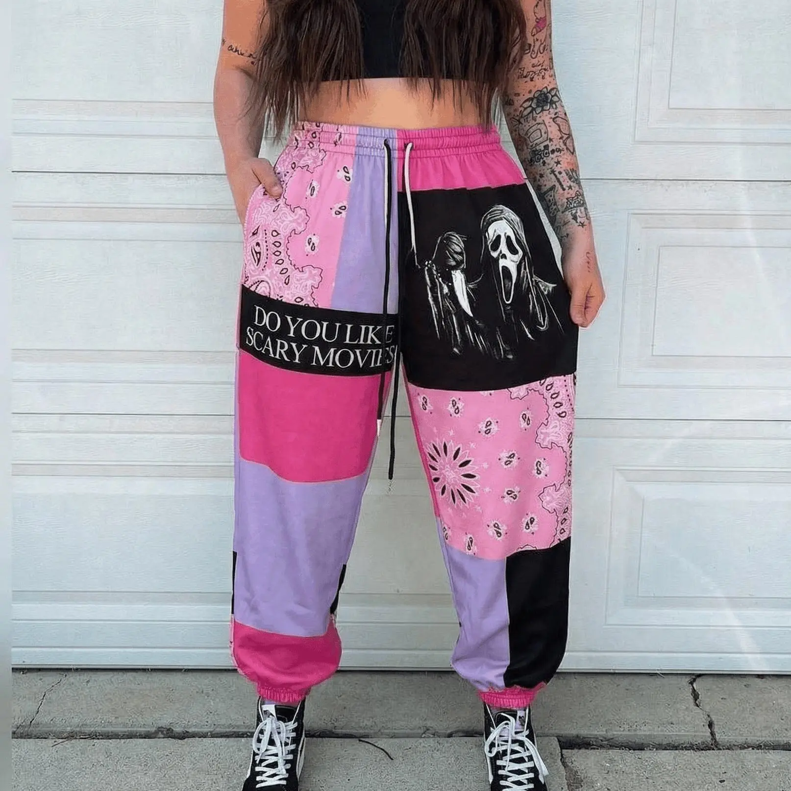 Pink Horror Movie Patchwork Halloween Sweatpants, Couple Matching Jogger Pants, Spooky Character Streetwear Pants, Fall Winter Pants, For Men & Women, Gift For Couples