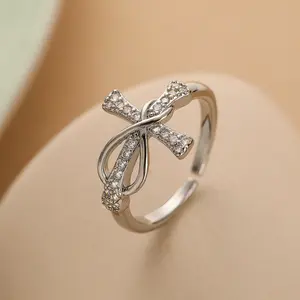 Simple Color Matching Copper Ring Fashion Cross Evil Rings For Women Girl Finger Accessories Party Jewelry Gift White K Adjustable Geometry