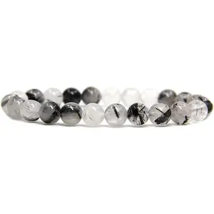Natural A Grade Black Rutilated Quartz Crystal Gemstone 8mm Round Beads Stretch Bracelet 7" Unisex
