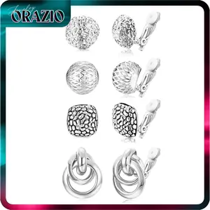 ORAZIO 4Pairs Clip On Earrings for Women Gold Silver Clip On Hoop Earrings Chunky Teardrop Twist Round No Piercing Fake Earrings Set High Quality Alloy Lightweight Elegant