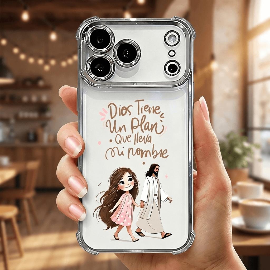 Dios Tiene Un Plan Que Lleva Mi Nombre Jesus & Girl Phone Case for iPhone 11 12 13 14 15 16 17 Pro Max Plus Air, Christian Faith Rose Gold Clear Shockproof Cover, Religious Gift for Women Girls DDSJ260404011