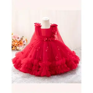 Girls' Princess Party Dress, Elegant Red with Square Neck & Drop Shoulder Sleeves, Knee-Length Flared Skirt with Bow Detail and Belted Waist, Perfect for Weddings Performances & Special Occasions, Sophisticated Craftsmanship, Flower Girl Dress Wedding