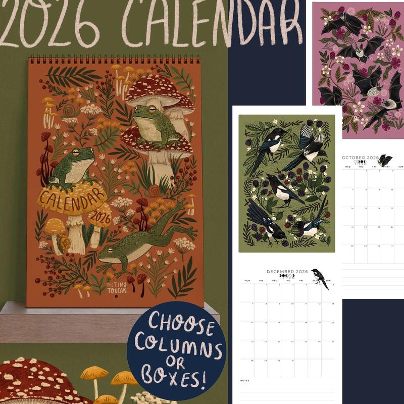 2026 Calendar A4 Illustrated Wall calendar. Cottagecore. Mushrooms. Frogs. Family Calendar. Magpies. Capybara. Mon-Sun organisation handmade