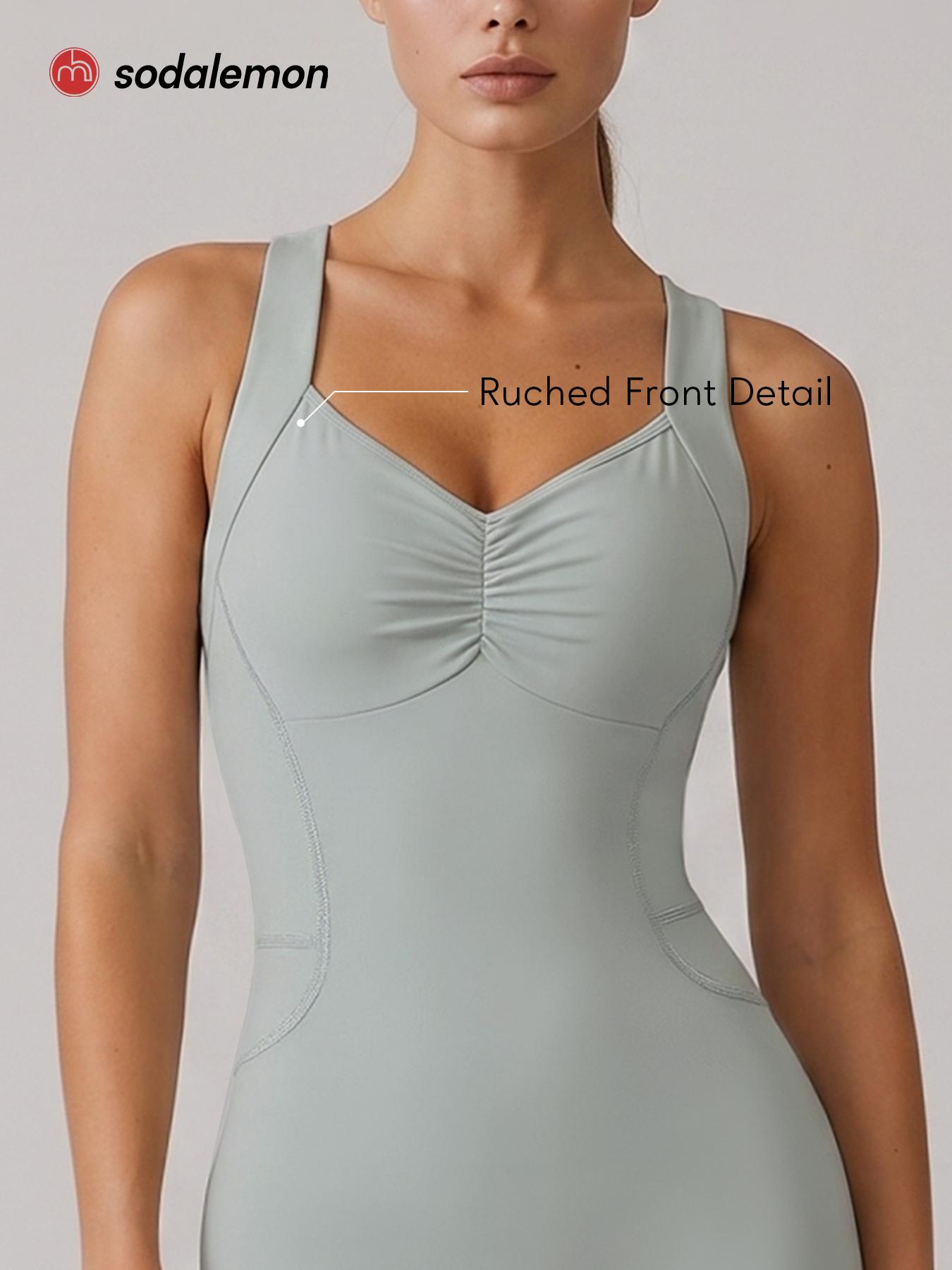 Sodalemon Women’s Workout Romper - Ruched Front, Cross-Back Cut, Sleeveless Fitted Biker Shorts Unitard for Pilates, Gym Fitness