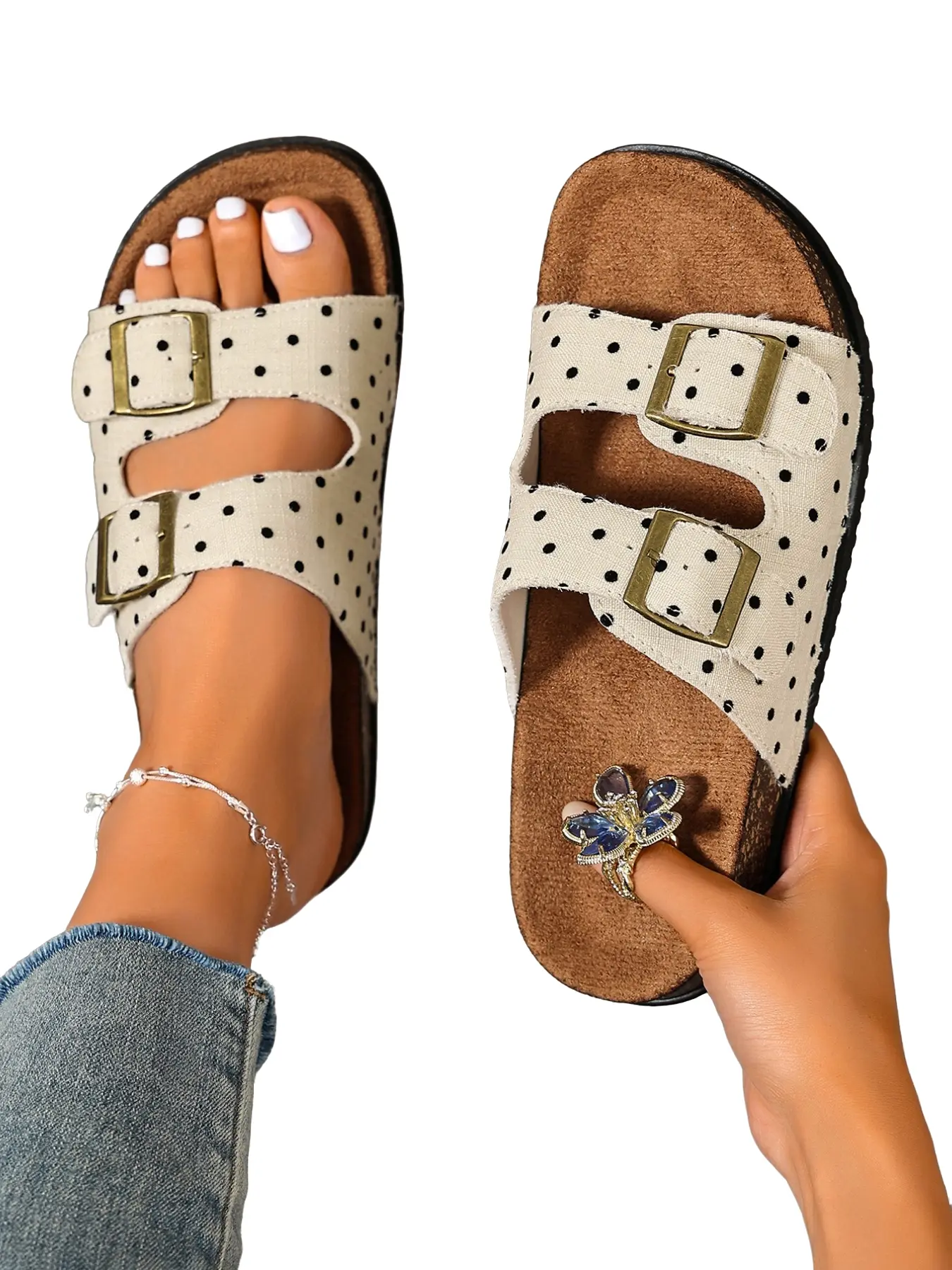 Women's Polka Dot Canvas Slippers, Summer Slide Slippers, Adjustable Metal Buckles, Soft Cork Sole, Casual Daily Wear, Comfortable Outdoor Shoes