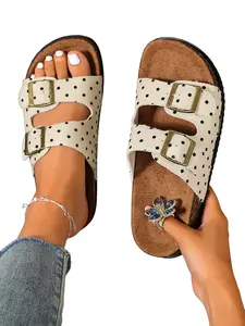 Women's Polka Dot Canvas Slippers, Summer Slide Slippers, Adjustable Metal Buckles, Soft Cork Sole, Casual Daily Wear, Comfortable Outdoor Shoes