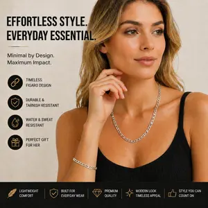 "Timeless Silver Figaro Chain Necklace & Bracelet Set – Premium Silver, Durable & Tarnish-Resistant, Perfect for Everyday Wear, Ideal Gift for Him, Sleek Design, Comfortable Fit, Long-Lasting Shine, Stylish and Versatile Jewelry Set"