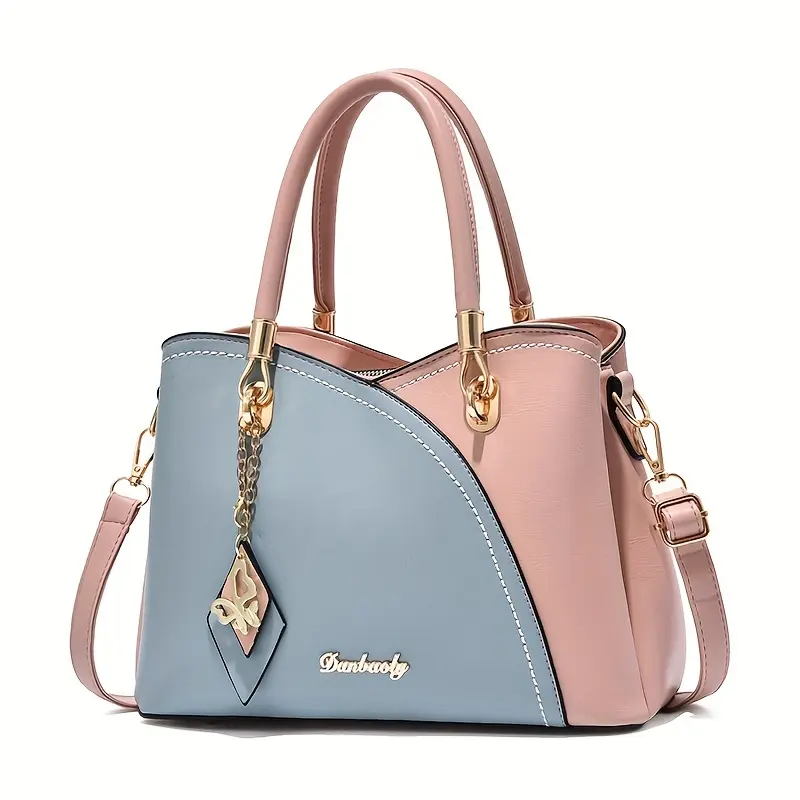 Chic Colorblock Boston Bag, Minimalist PU Leather Convertible Satchel for Women with Dermal Leather Accents, Cow Hide, Casual, Zip, Modest, Elegant, Double Handle, Basic, Multi-Compartment, High-Capacity, Party, Plain