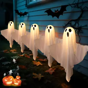 Solar Powered LED Ghost Lights, Set of 5 Glowing Stakes, Outdoor Halloween Decorations, Indoor & Outdoor Use, Party Supplies