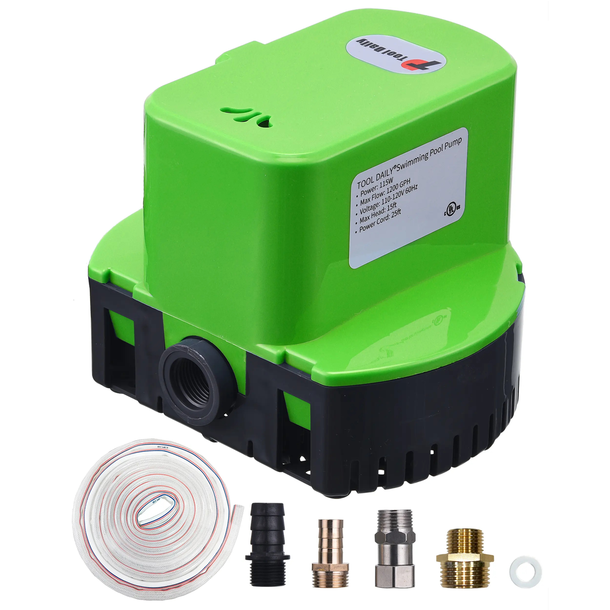 Tool Daily 1200 GPH Automatic Submersible Pool Cover Pump, Outdoor Use, with 4 Adapters, 16ft Drainage Hose, Automatic ON/OFF, Durable Construction, Excess Water Removal, Light & Reusable, Hydro Aeration Function
