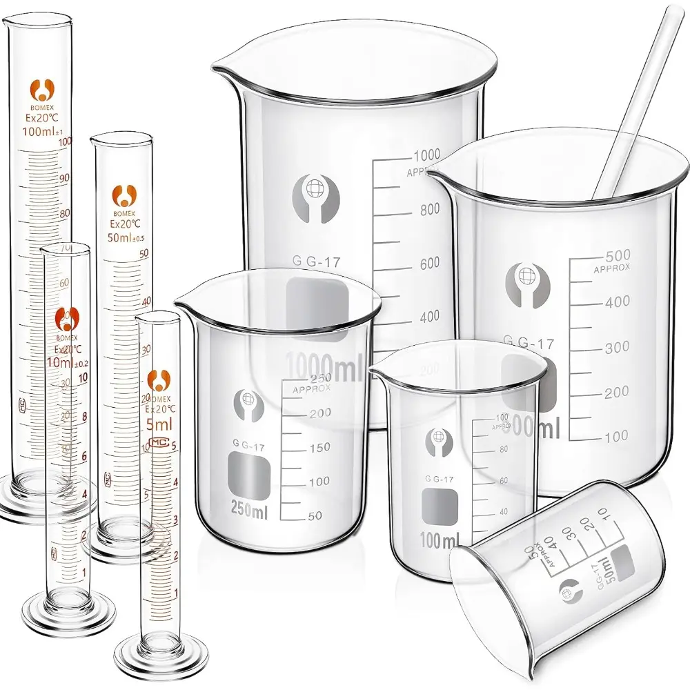 10-Piece Thick Glass Measuring Set with Size Options - Beakers (50/100/250/500/1000ml), Graduated Cylinders (5/10/50/100ml), Stirring Rod for Kitchen Measuring Utensils