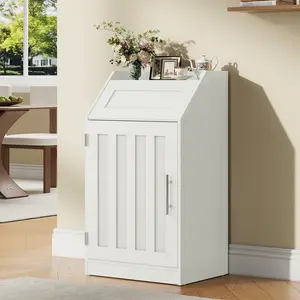 HOOBRO 10-Gallon Trash Bin Cabinet, Freestanding Trash Can Cabinet with Fenced Top and Flip-Up Baffle, Indoor Hidden Garbage with Open Storage, for Kitchen, Restaurant, Dining, White