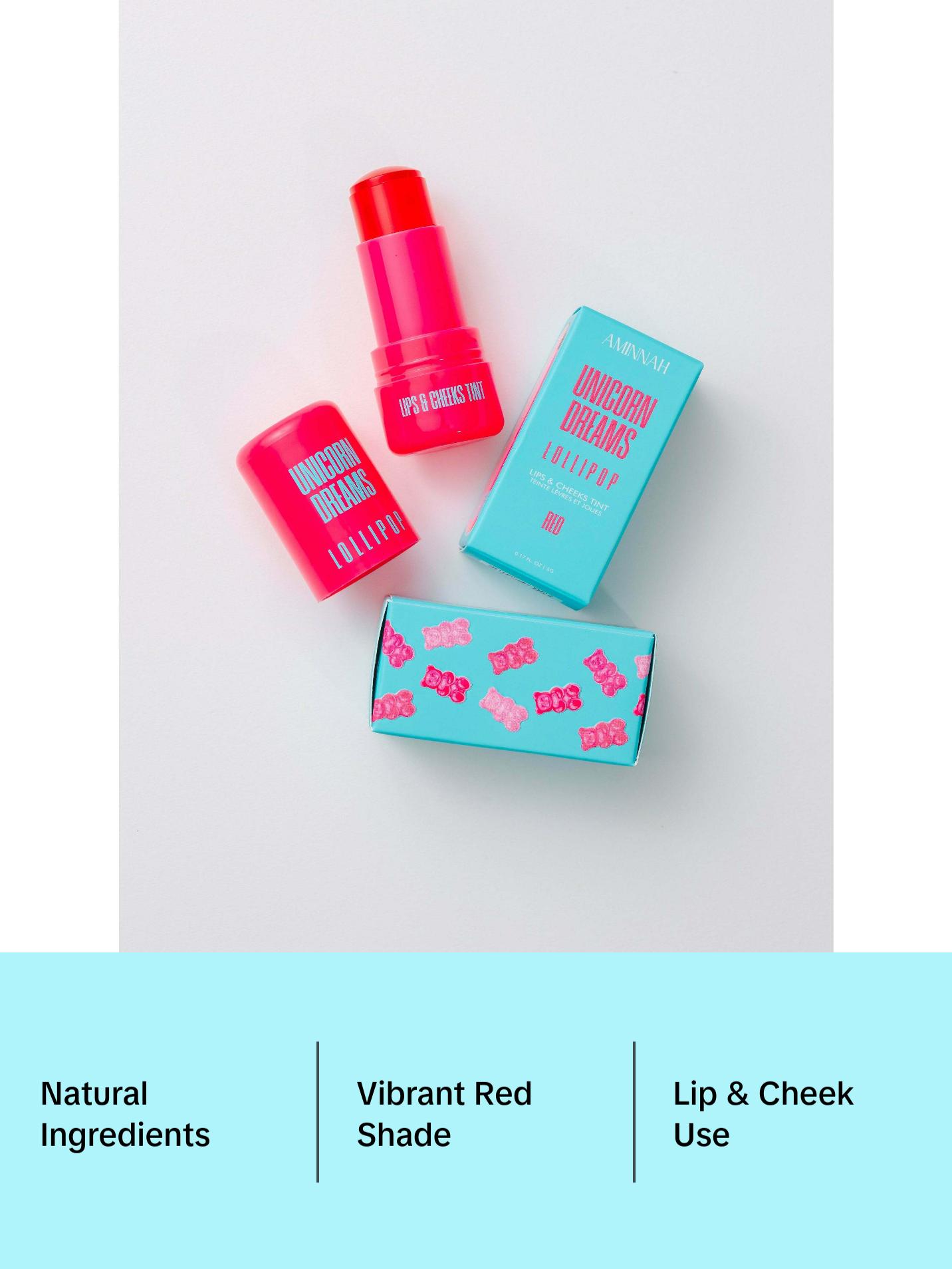 AMINAH Unicorn Dreams LOLLIPOP - Lips & Cheeks Tint - Red STAIN Gloss Lipgloss - Natural Ingredients - Vibrant Red Shade - Makeup Cosmetic
