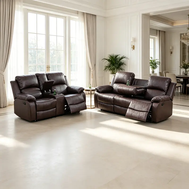 Retro Semi-PU-PVC Faux Leather Convertible Chaise Conversation Sofa Set - Indoor Floor Sofa Lounge, Faux Leather Couch, Delicate Texture, Low-Maintenance, Quick Clean-Up, Adjustable Arms, Assembly Required, Ideal for Friends, Homebody Lifestyle