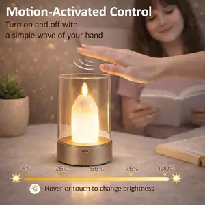 Small Candle Table Lamp Cordless Gesture Sensor Control Night Light Lamp Flameless Candle Dimmable Table Candle Lantern Rechargeable Warm Light Lamp for Bedroom/Restaurant/Cafe