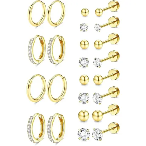 Women's Trendy Gold-Tone Earring Stack Set (12Pairs) - Hypoallergenic Stainless Steel Flat Back Geometric Earrings, Nickel-Free Cubic Zirconia Cartilage Jewelry, Unisex Fit for Sensitive Ears, Daily Multiple Piercings