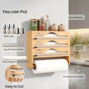 "3-Slot Bamboo Wrap Dispenser" Clutter-Free Kitchen Wall Mount - Kitchen Organization & Storage Organization | Adjustable Bamboo Cutlery Organizer