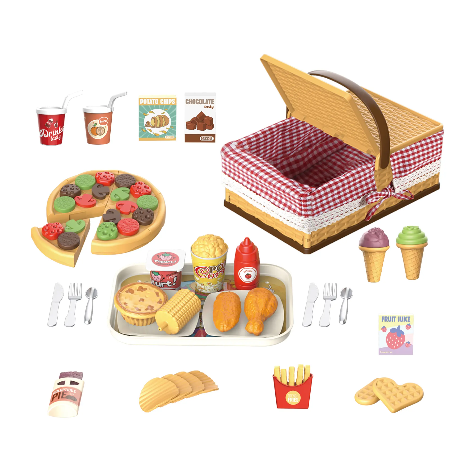 KIMSTONE Kids Picnic Basket Food Toy Set, Pretend Play Picnic Set with Play Food, Toddlers Play Kitchen Accessories with Play Food, Plates, Utensils, Ideal Gift for Boys and Girls Ages 3-8